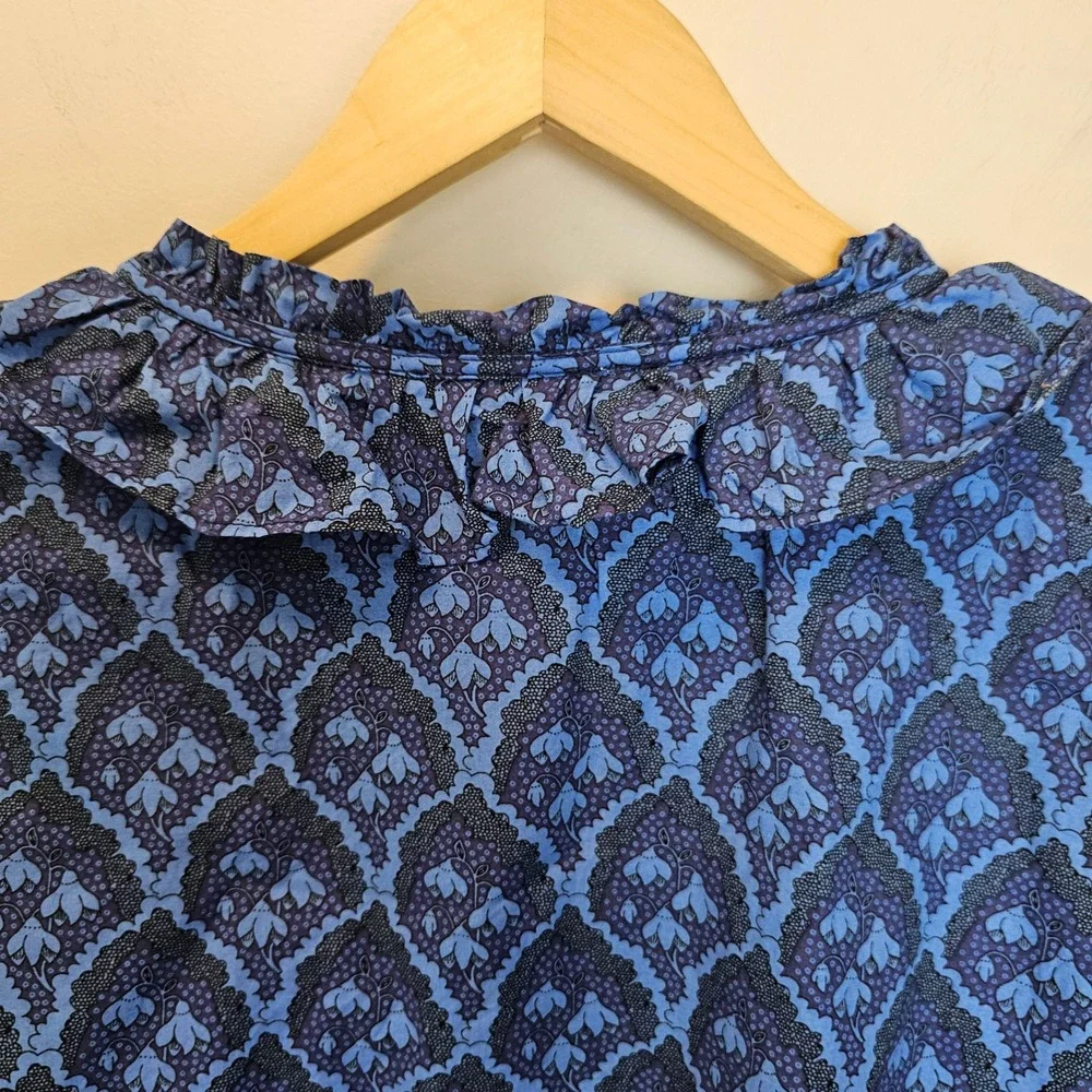 Washco‎ Blue Cotton Ruffle Long Sleeve Folk Blouse Heritage Floral Size XL - Picture 6 of 9